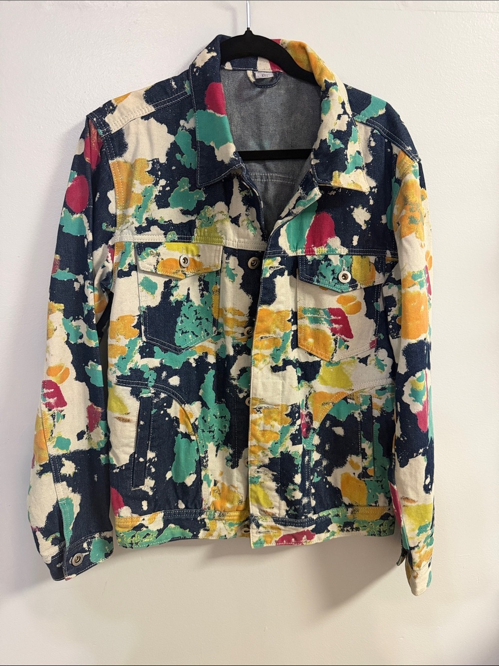 Paint-Splatter Denim Jacket in Navy, Cream, Teal & Mustard